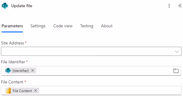 Screenshot of the Update File configuration in Power Automate.