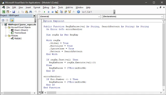 Screenshot of inserting a new VBA module and creating a custom VBA RegExParse function in VBA.