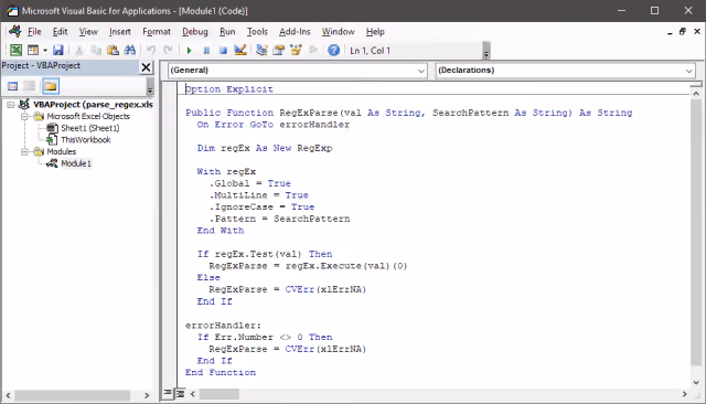 Screenshot of inserting a new VBA module and creating a custom VBA RegExParse function in VBA.