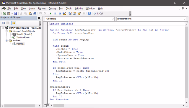 Screenshot of inserting a new VBA module and creating a custom VBA RegExParse function in VBA.