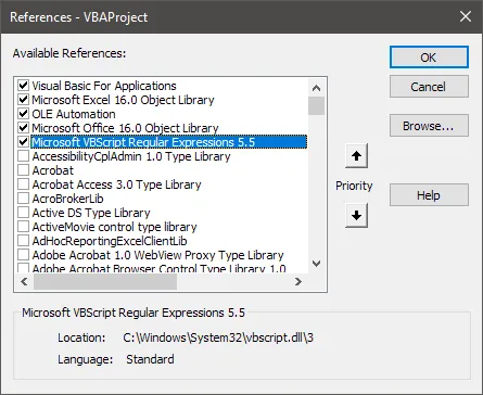 Screenshot of the 'References' dialog box to enable Microsoft VBScript Regular Expressions 5.5 in Visual Basic for Applications.