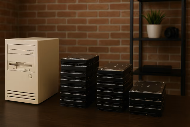 AI-generated image of vintage technology and stacks of hard disk drives on a wooden surface.