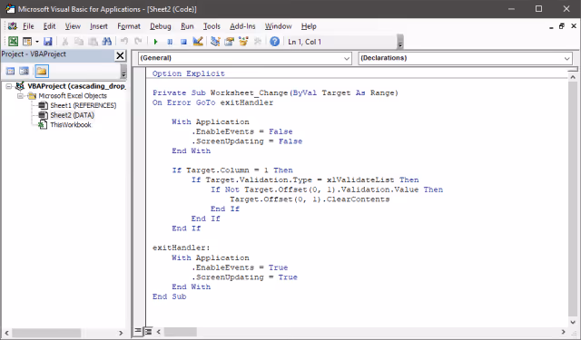 Screenshot of the VBA macro to validate data quality in Excel.