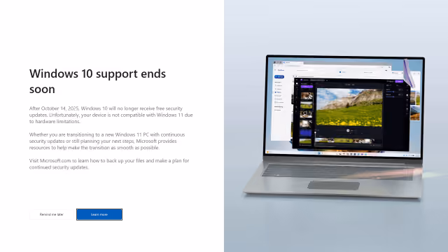 Screenshot of the Microsoft Windows 10 end of support notification.